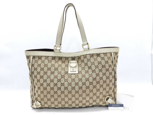 GUCCI GG Canvas Tote Bag 141472 GG Canvas Leather Beige White Tote Bag