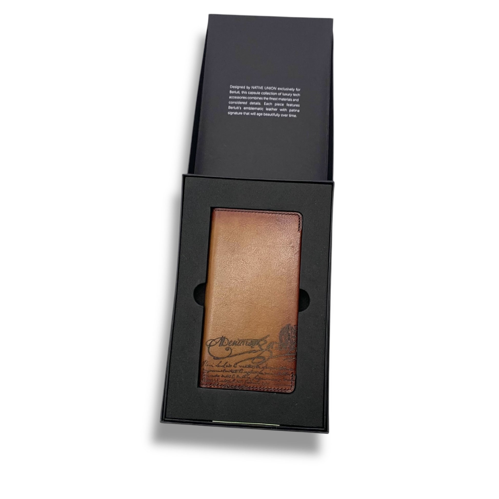 Berluti smartphone case with box and other accessories