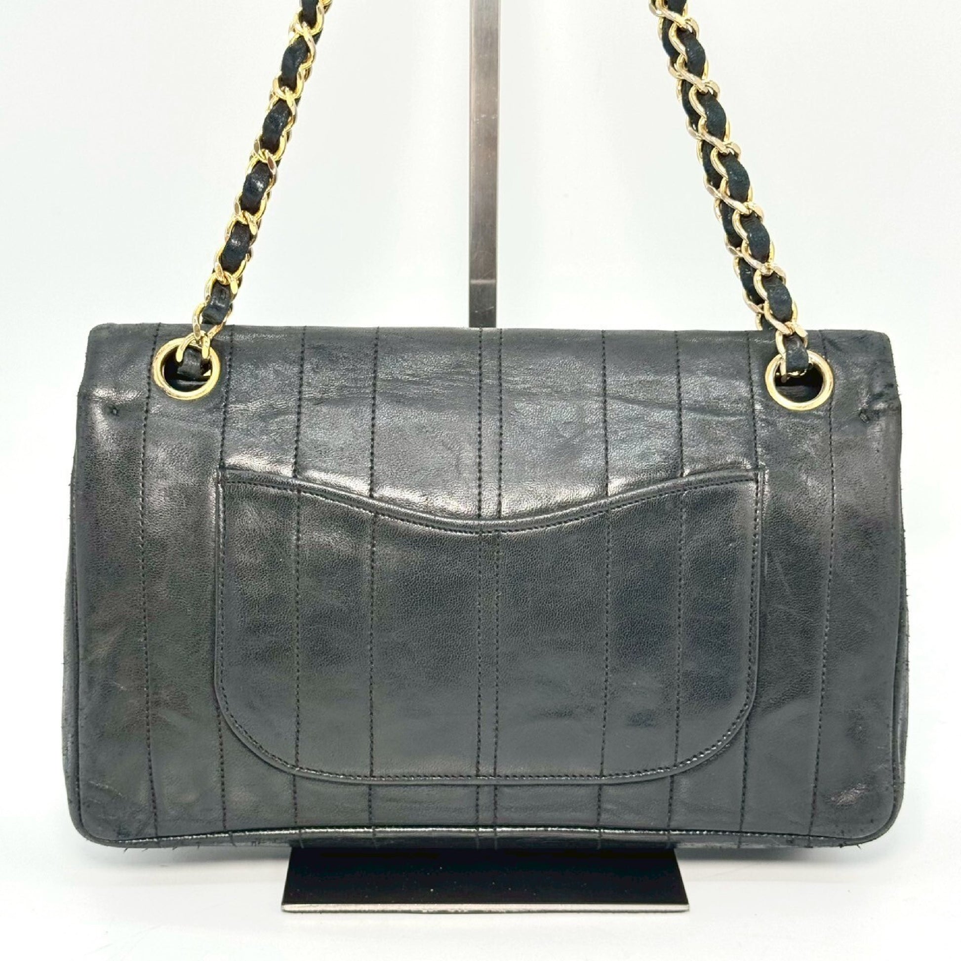 CHANEL Lambskin Double Flap Chain Shoulder Bag, Black