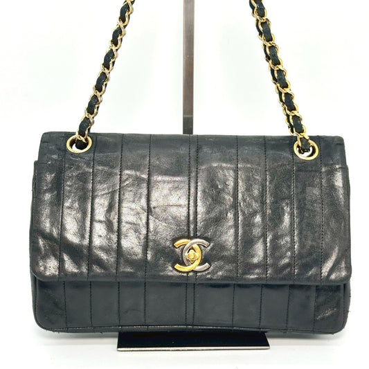 CHANEL Lambskin Double Flap Chain Shoulder Bag, Black