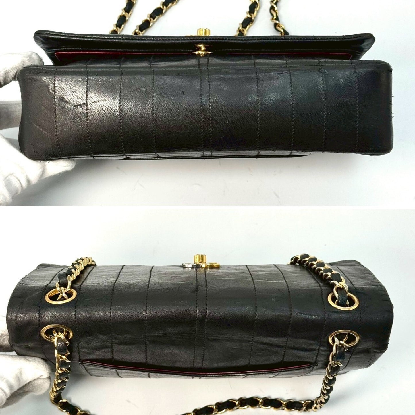 CHANEL Lambskin Double Flap Chain Shoulder Bag, Black