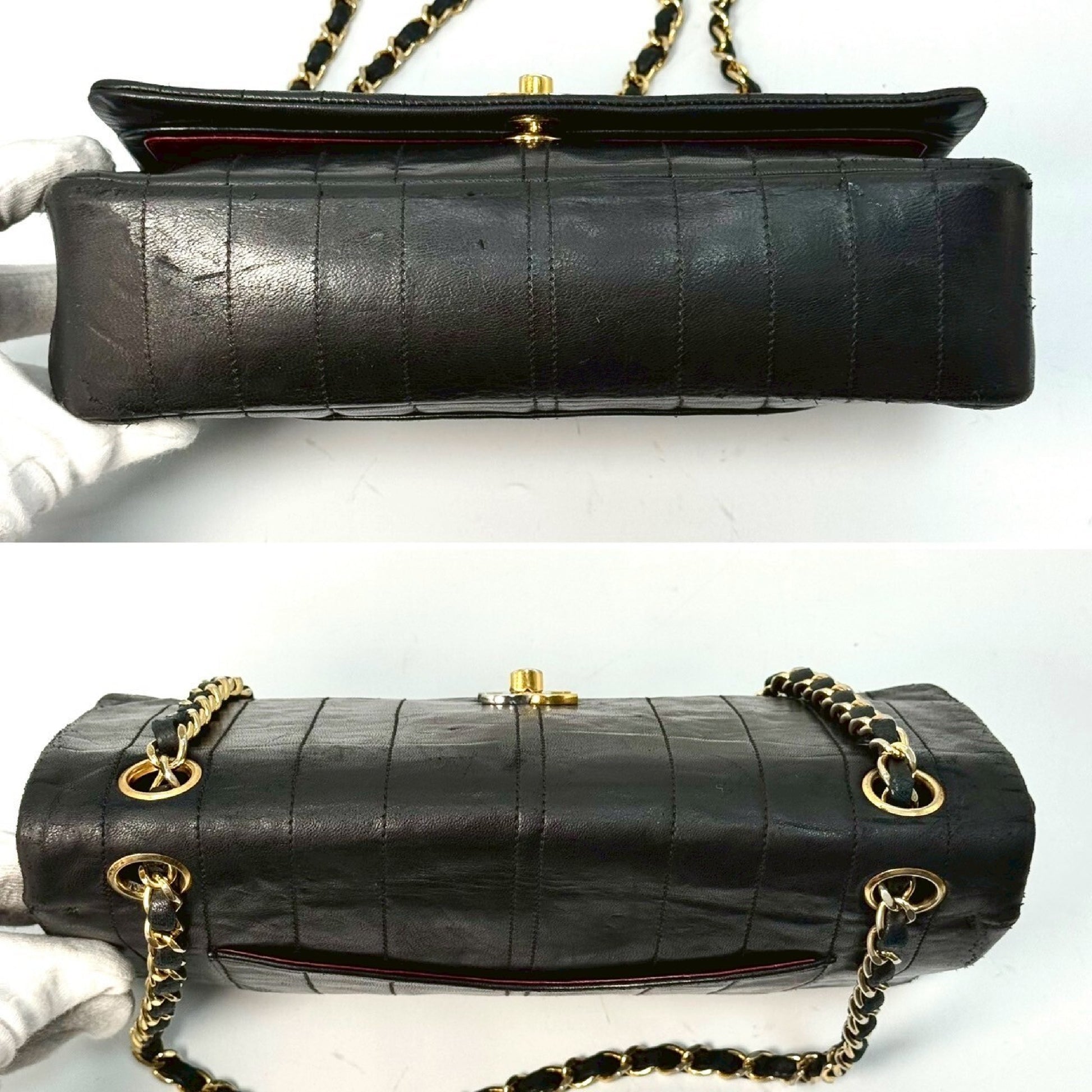 CHANEL Lambskin Double Flap Chain Shoulder Bag, Black