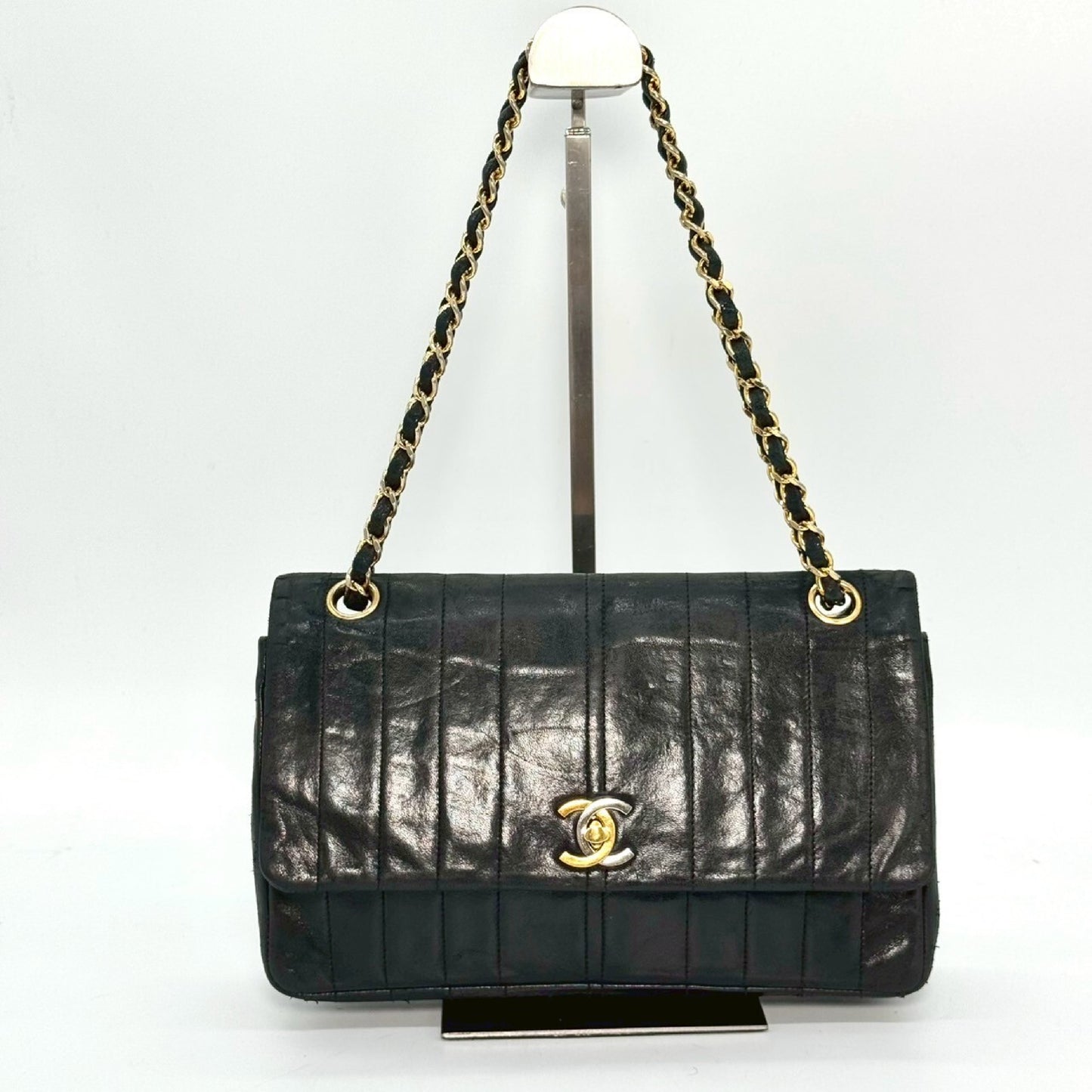 CHANEL Lambskin Double Flap Chain Shoulder Bag, Black