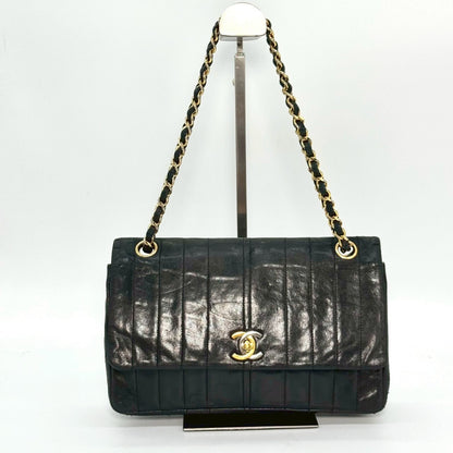 CHANEL Lambskin Double Flap Chain Shoulder Bag, Black