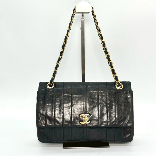 CHANEL Lambskin Double Flap Chain Shoulder Bag, Black