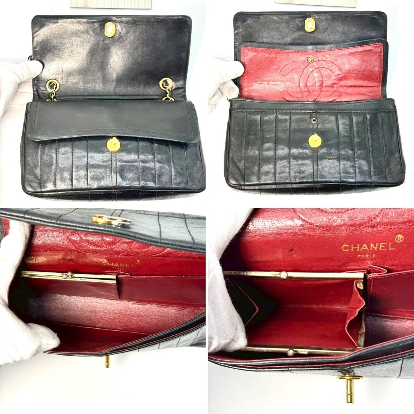 CHANEL Lambskin Double Flap Chain Shoulder Bag, Black
