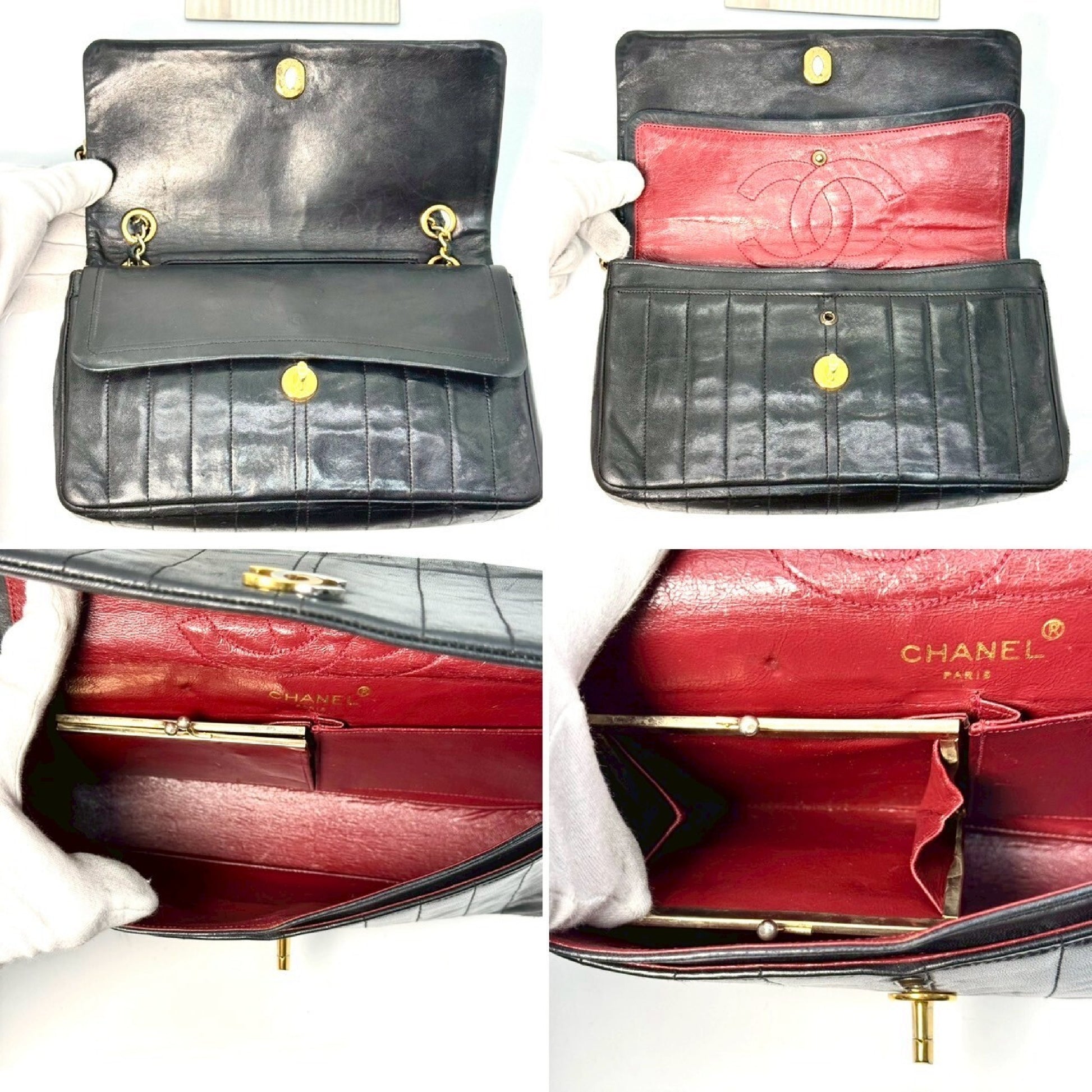 CHANEL Lambskin Double Flap Chain Shoulder Bag, Black