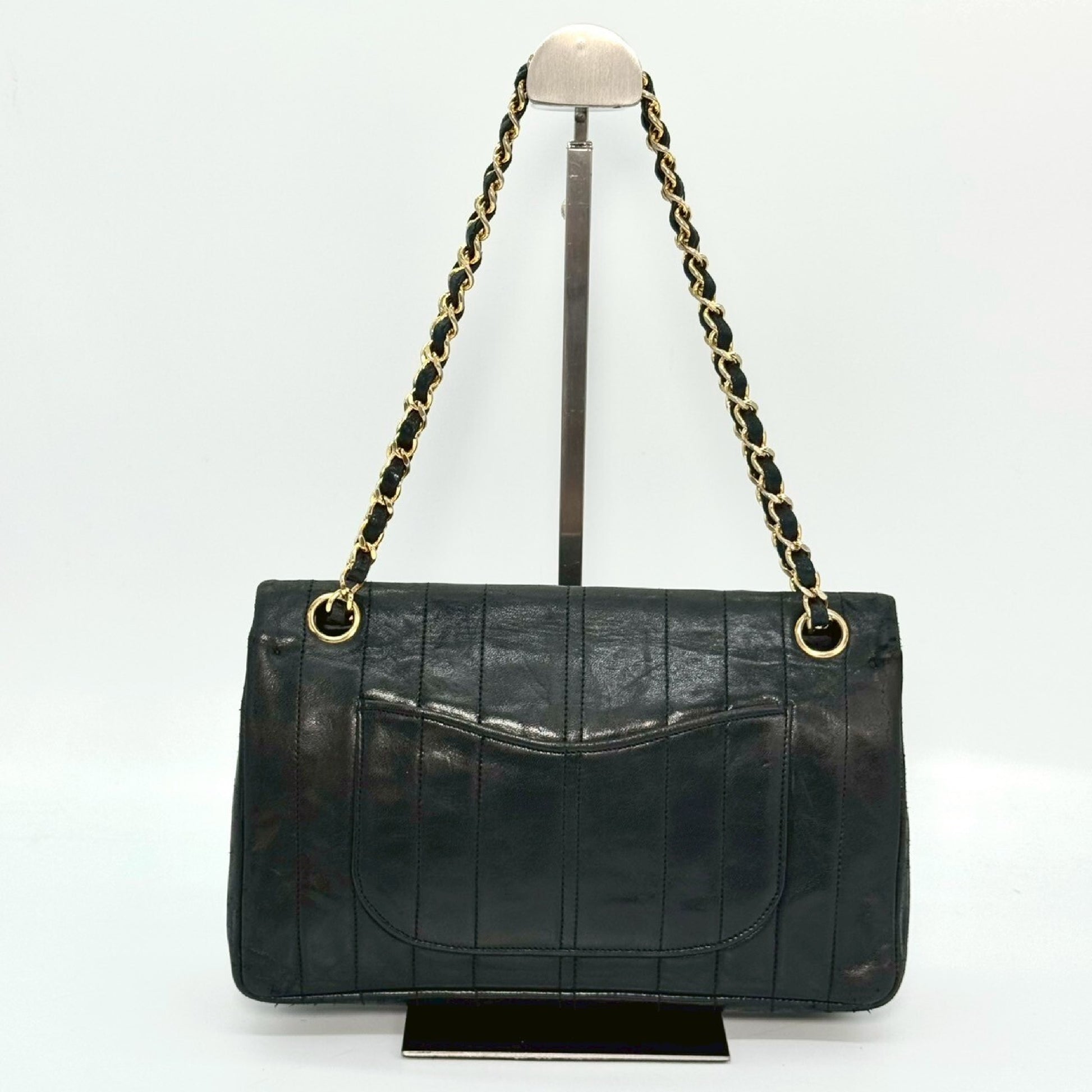 CHANEL Lambskin Double Flap Chain Shoulder Bag, Black