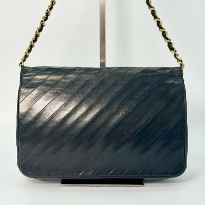 CHANEL Diagonal Stitch Lambskin Single Flap Chain Bag Black Shoulder Bag