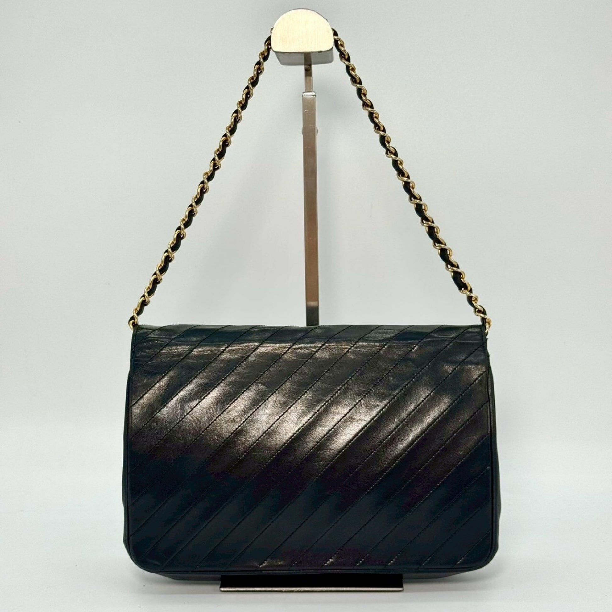 CHANEL Diagonal Stitch Lambskin Single Flap Chain Bag Black Shoulder Bag