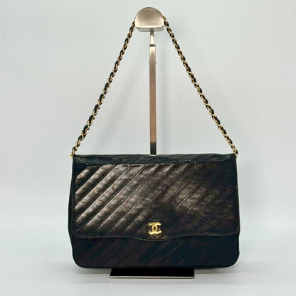 CHANEL Diagonal Stitch Lambskin Single Flap Chain Bag Black Shoulder Bag