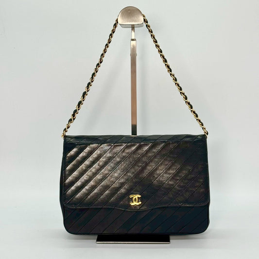 CHANEL Diagonal Stitch Lambskin Single Flap Chain Bag Black Shoulder Bag