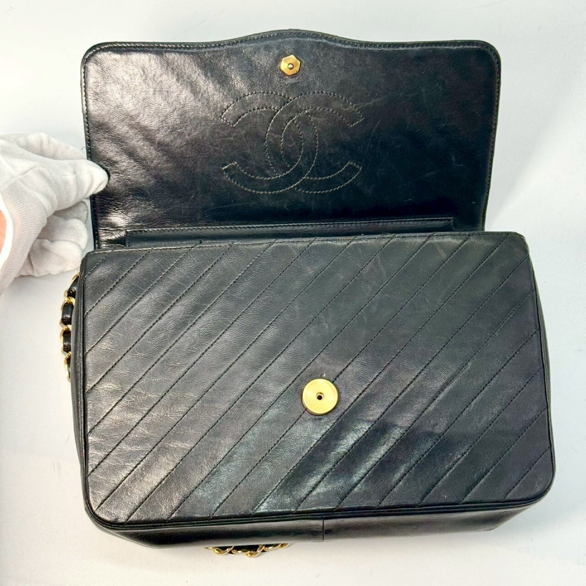 CHANEL Diagonal Stitch Lambskin Single Flap Chain Bag Black Shoulder Bag