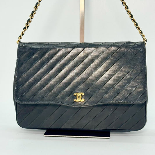 CHANEL Diagonal Stitch Lambskin Single Flap Chain Bag Black Shoulder Bag