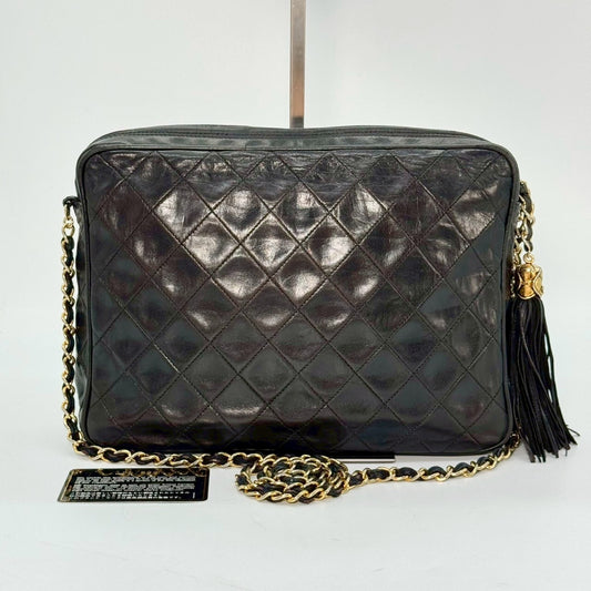 CHANEL Matelasse Fringed Chain Shoulder Bag, Black, 1557899, with Guarantee Card