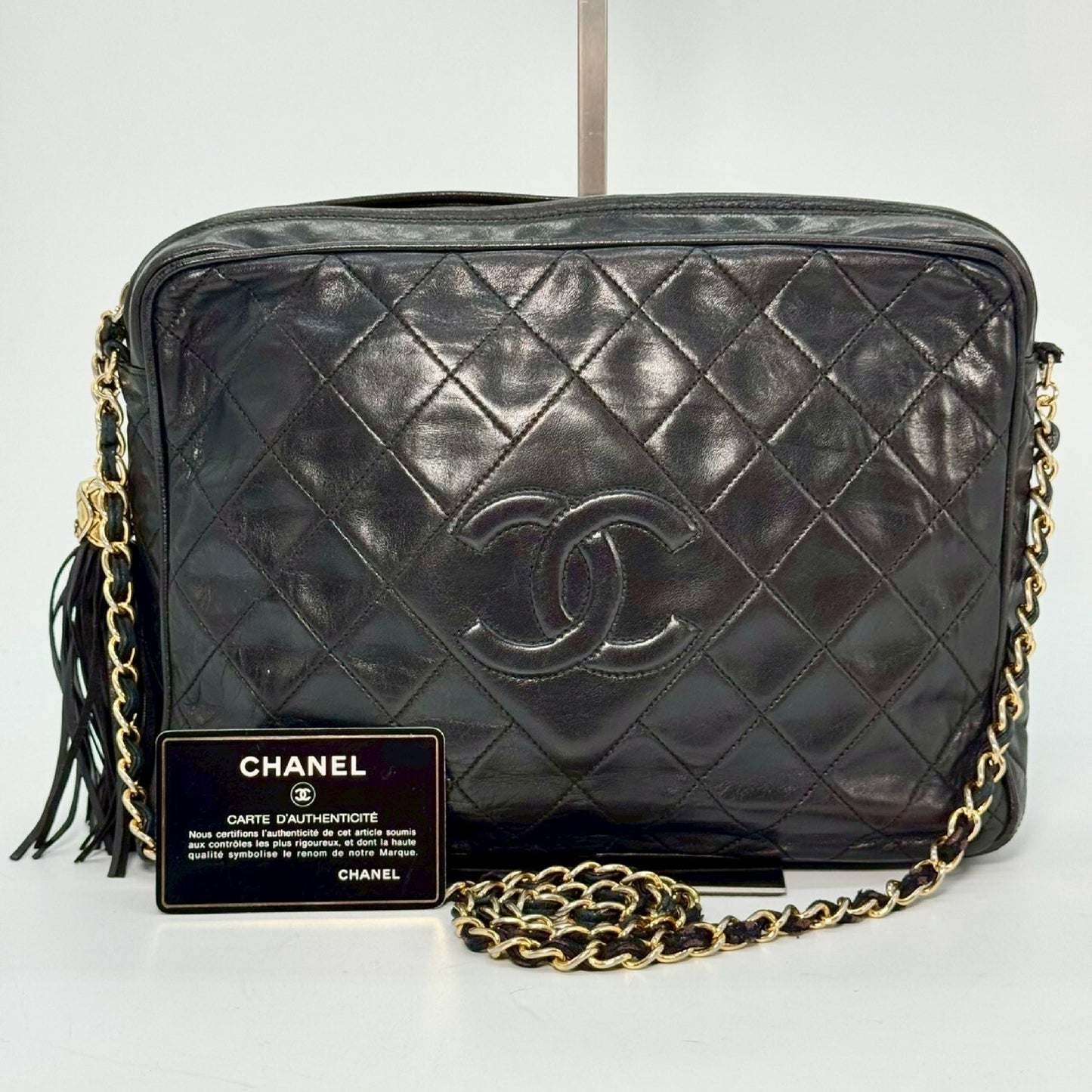 CHANEL Matelasse Fringed Chain Shoulder Bag, Black, 1557899, with Guarantee Card
