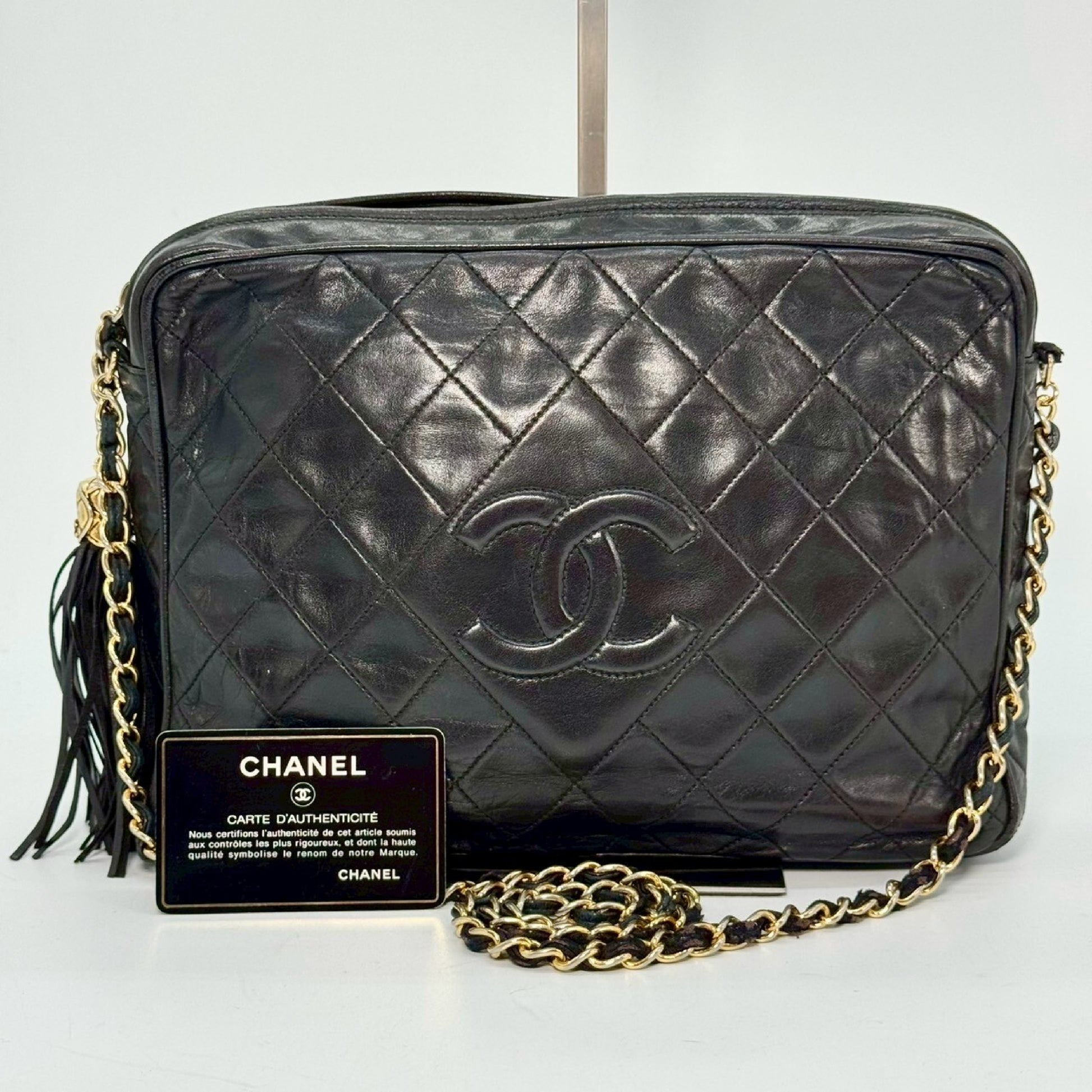 CHANEL Matelasse Fringed Chain Shoulder Bag, Black, 1557899, with Guarantee Card