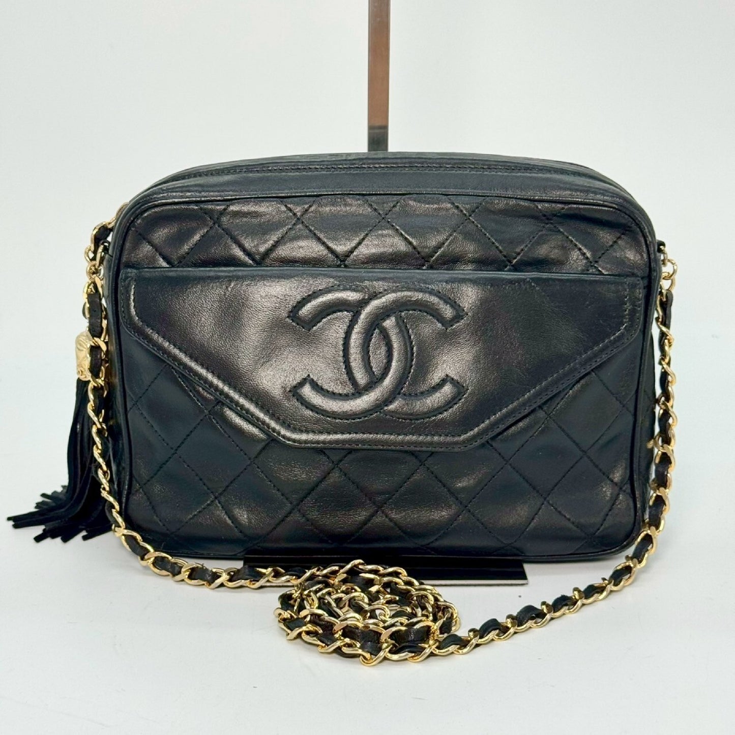 CHANEL Matelasse Lambskin Fringed Chain Shoulder Bag, Black, 1725181