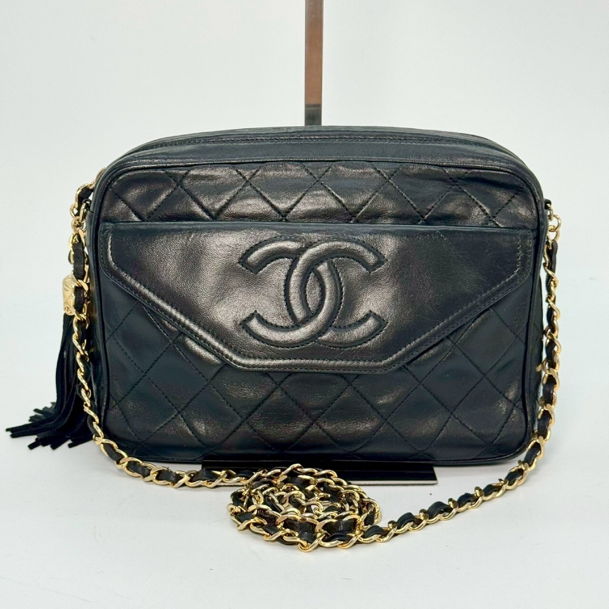 CHANEL Matelasse Lambskin Fringed Chain Shoulder Bag, Black, 1725181