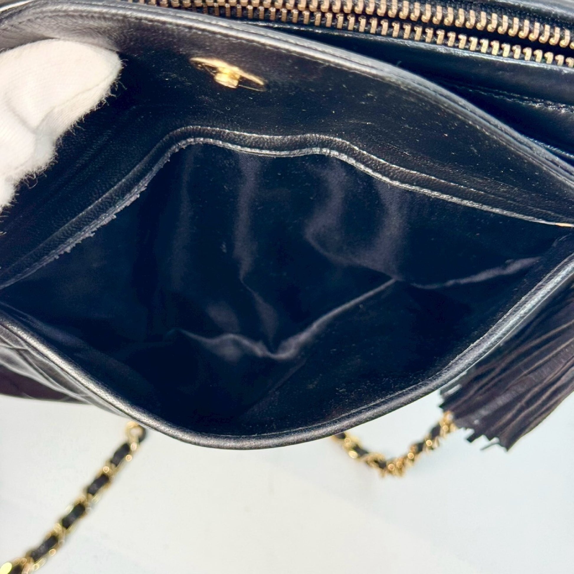 CHANEL Matelasse Lambskin Fringed Chain Shoulder Bag, Black, 1725181