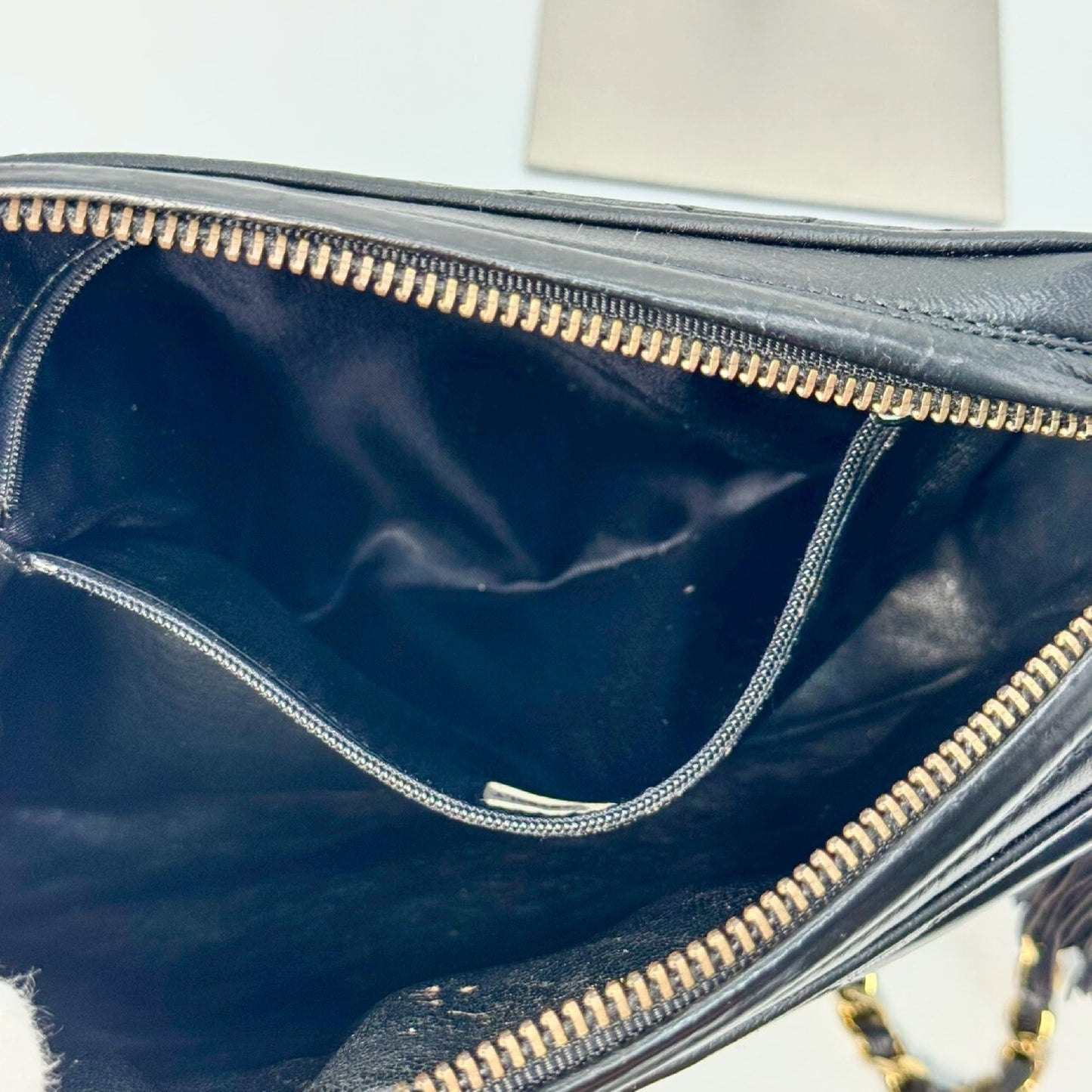 CHANEL Matelasse Lambskin Fringed Chain Shoulder Bag, Black, 1725181