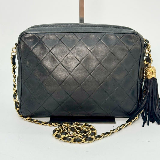 CHANEL Matelasse Lambskin Fringed Chain Shoulder Bag, Black, 1725181