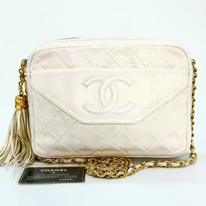 CHANEL Matelasse Lambskin Fringed Chain Shoulder Bag White 1726214 with Guarantee Card