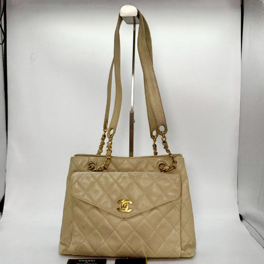 CHANEL Caviar Leather Chain Shoulder Bag Beige 4123842 with Guarantee Card