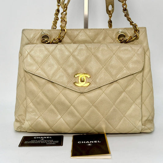 CHANEL Caviar Leather Chain Shoulder Bag Beige 4123842 with Guarantee Card