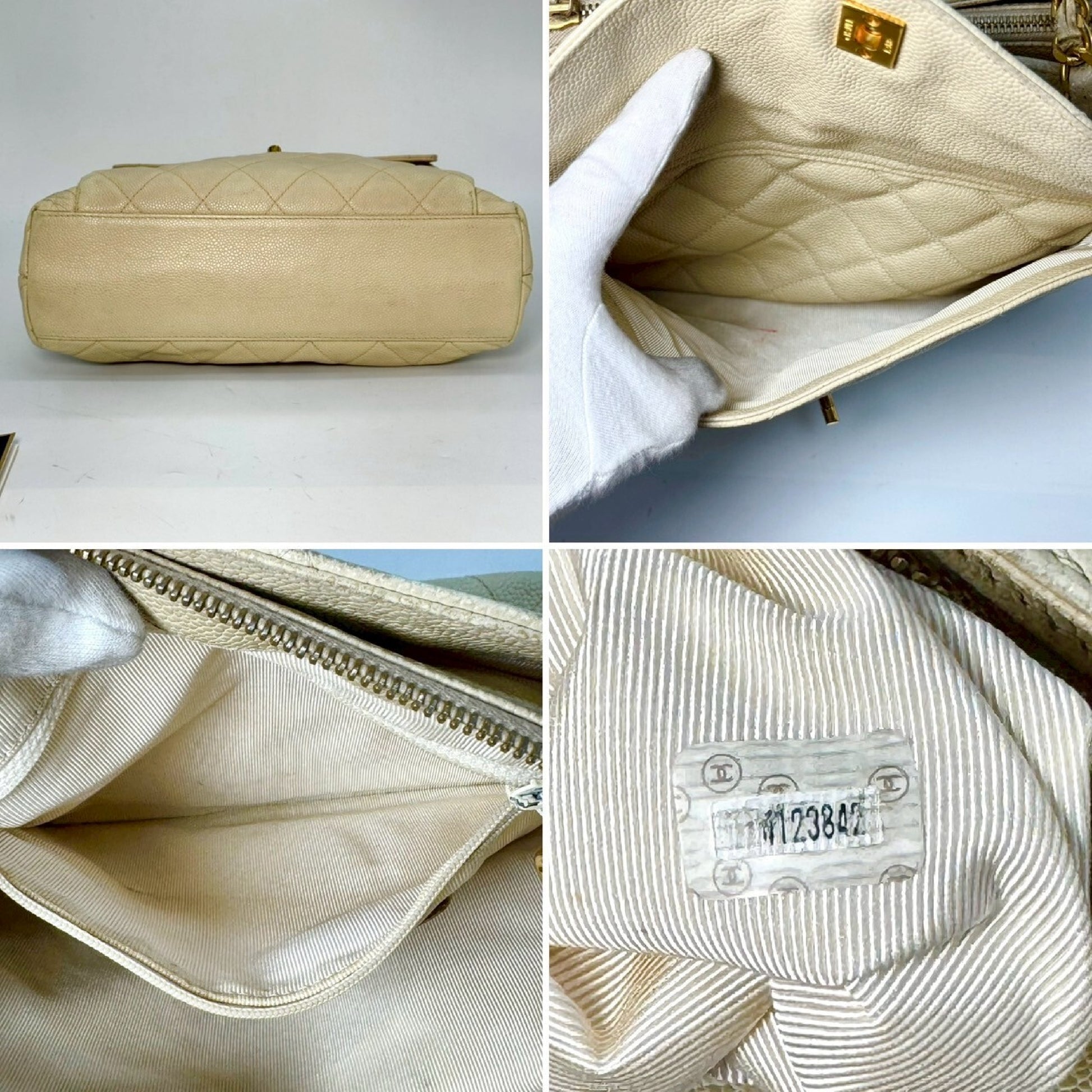 CHANEL Caviar Leather Chain Shoulder Bag Beige 4123842 with Guarantee Card