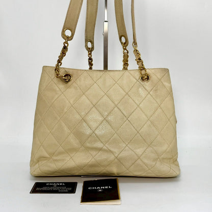 CHANEL Caviar Leather Chain Shoulder Bag Beige 4123842 with Guarantee Card