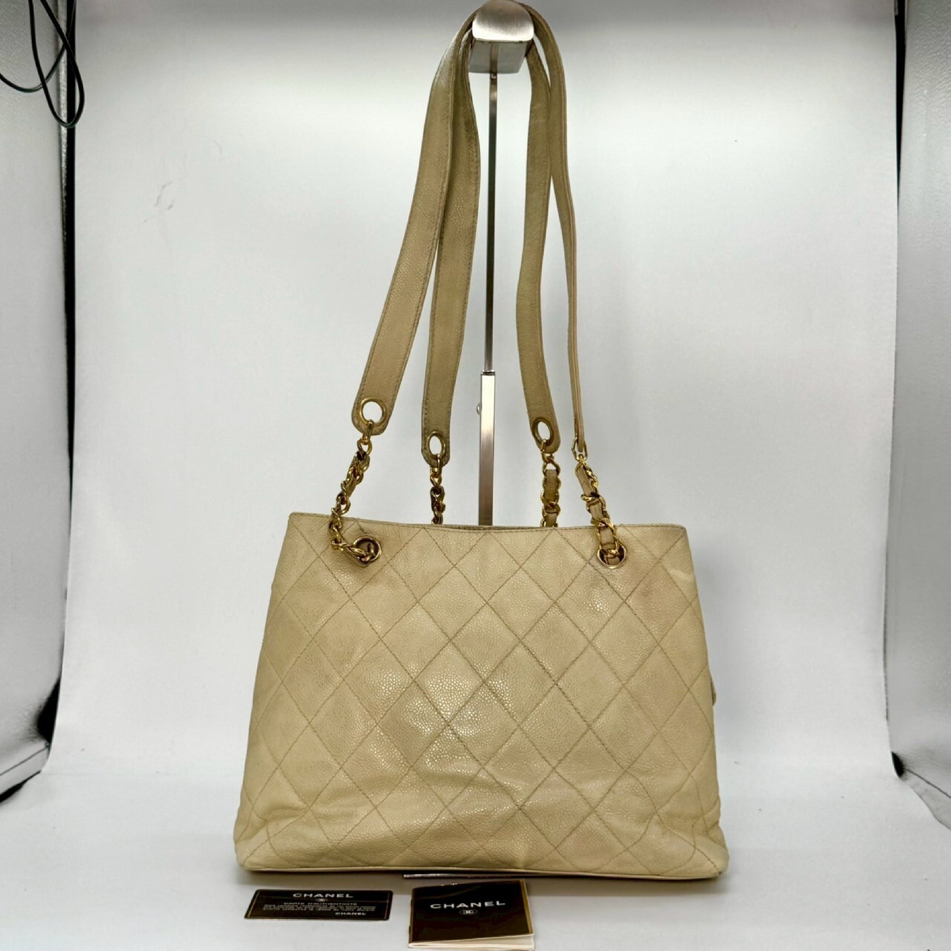 CHANEL Caviar Leather Chain Shoulder Bag Beige 4123842 with Guarantee Card
