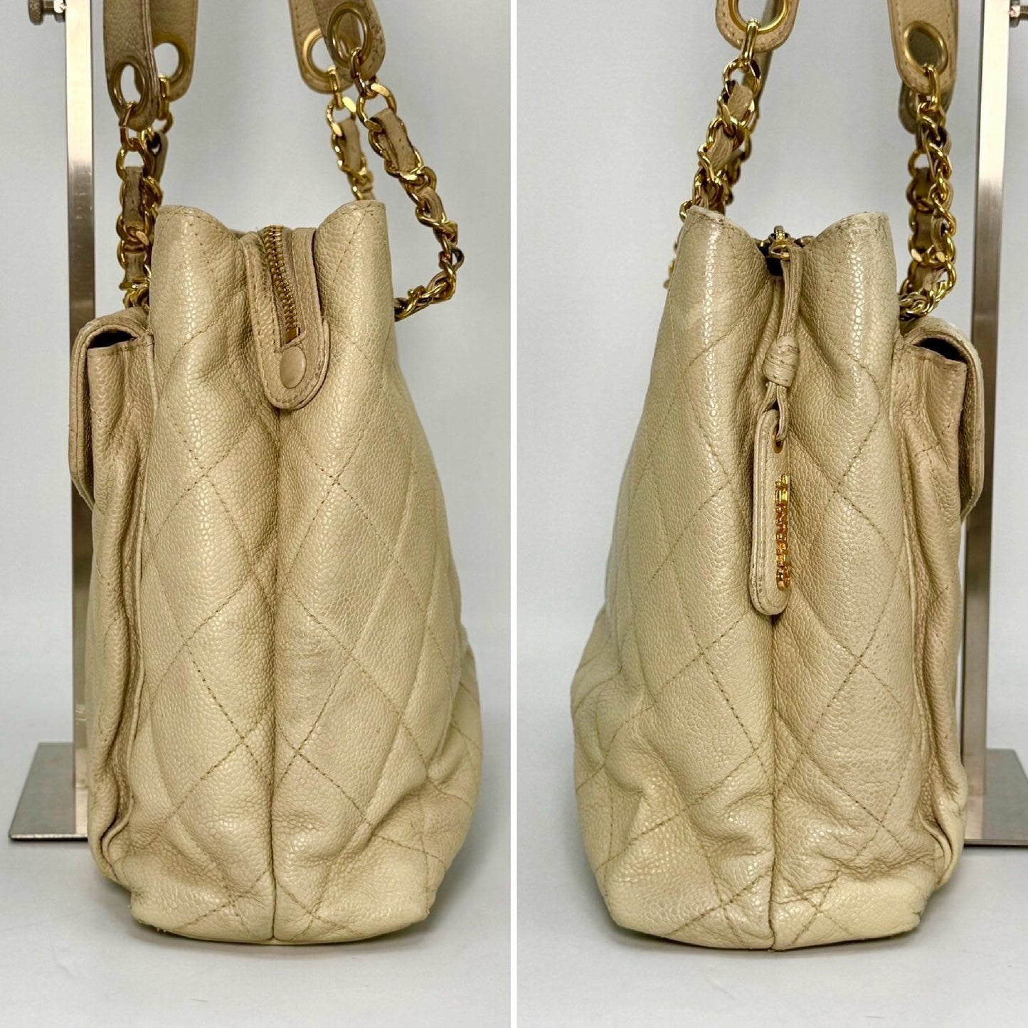 CHANEL Caviar Leather Chain Shoulder Bag Beige 4123842 with Guarantee Card