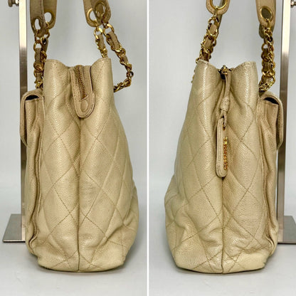 CHANEL Caviar Leather Chain Shoulder Bag Beige 4123842 with Guarantee Card