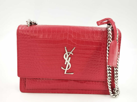 SAINT LAURENT Saint Laurent crocodile embossed red chain shoulder bag