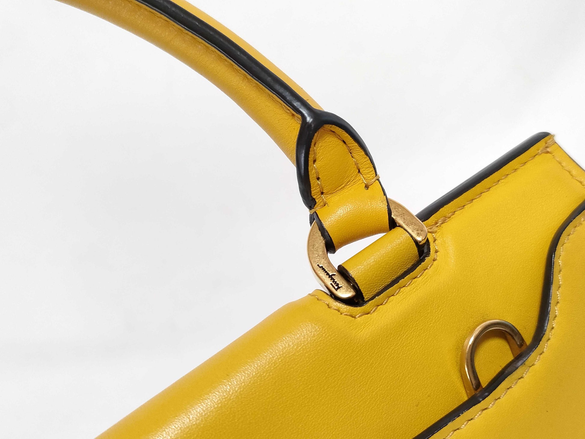 Salvatore Ferragamo Gancini ID - Salvatore Ferragamo Leather Trifolio Top Handle Yellow Handbag 25cm GHW