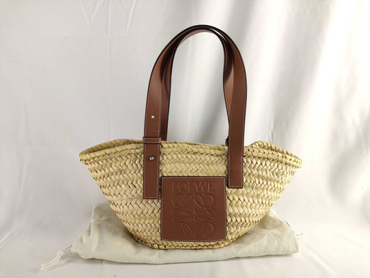 LOEWE Basket Small Raffia and Leather Basket Bag Beige Handbag