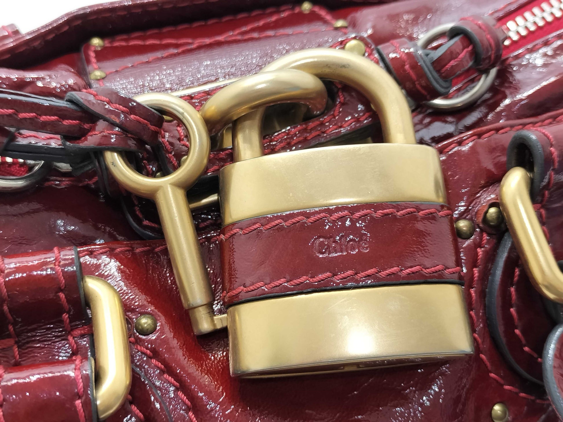 Chloe Paddington Padlock Handbag in Red Enamel with Cadena