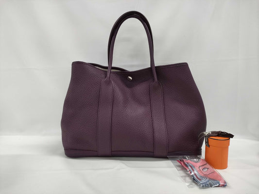 HERMES Garden Party PM Negonda Cassis Tote Bag with Silver Hardware and Twilly