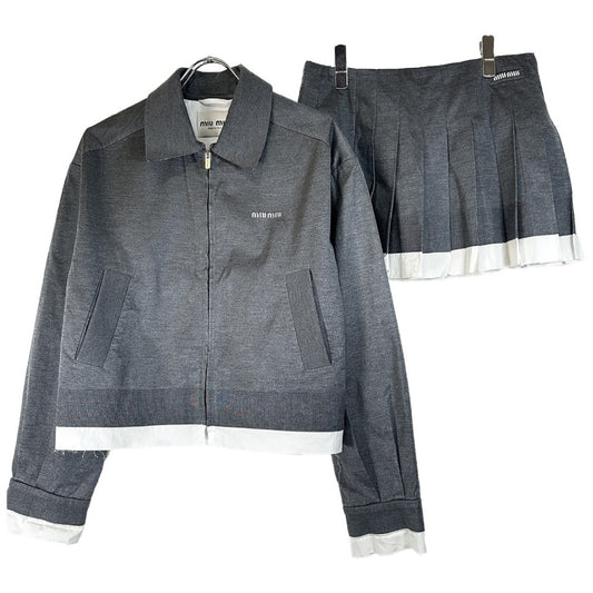 Miu Miu 2025ss Knit x Poplin Set Up Knit Poplin Blouson Jacket and Skirt Set Top: 36, Bottom: 38