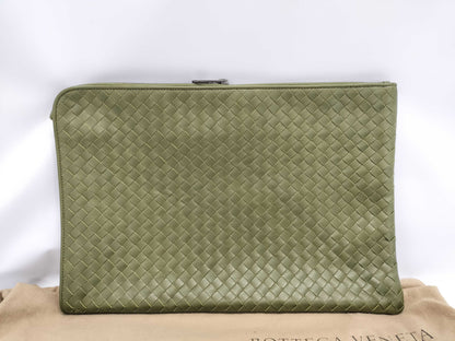BOTTEGA VENETA Intrecciato Document Case Clutch Bag 224052 Green with Black Hardware, Calf Leather, BO216868 2F Clutch Bag