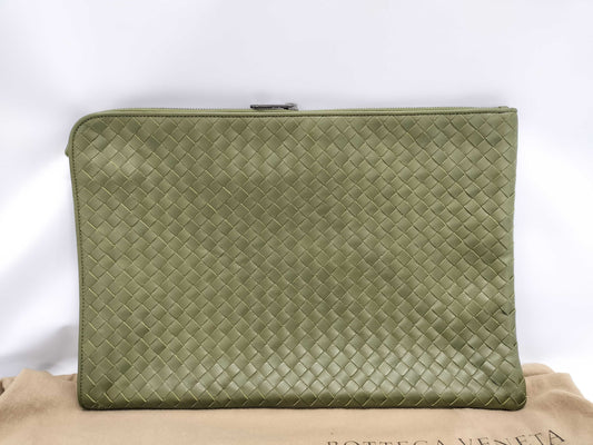 BOTTEGA VENETA Intrecciato Document Case Clutch Bag 224052 Green with Black Hardware, Calf Leather, BO216868 2F Clutch Bag