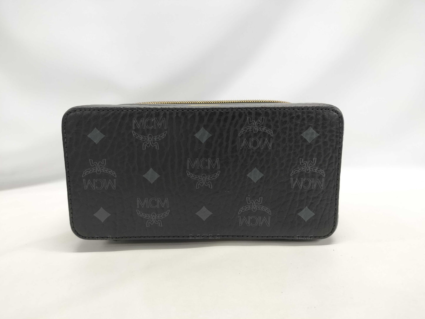 MCM Visetos Vanity Case, 2-Way Handbag, Black with Gold Hardware, PVC Leather, and Leather.
