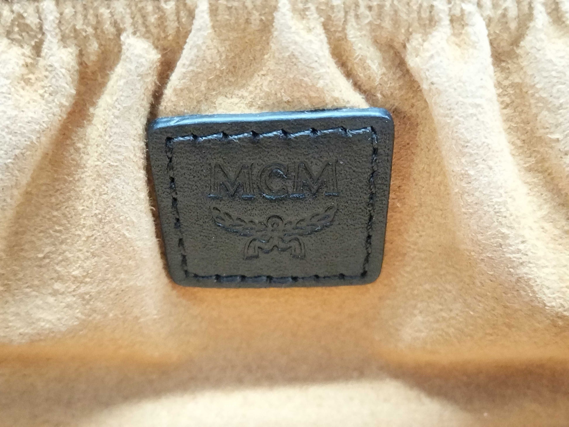 MCM Visetos Vanity Case, 2-Way Handbag, Black with Gold Hardware, PVC Leather, and Leather.