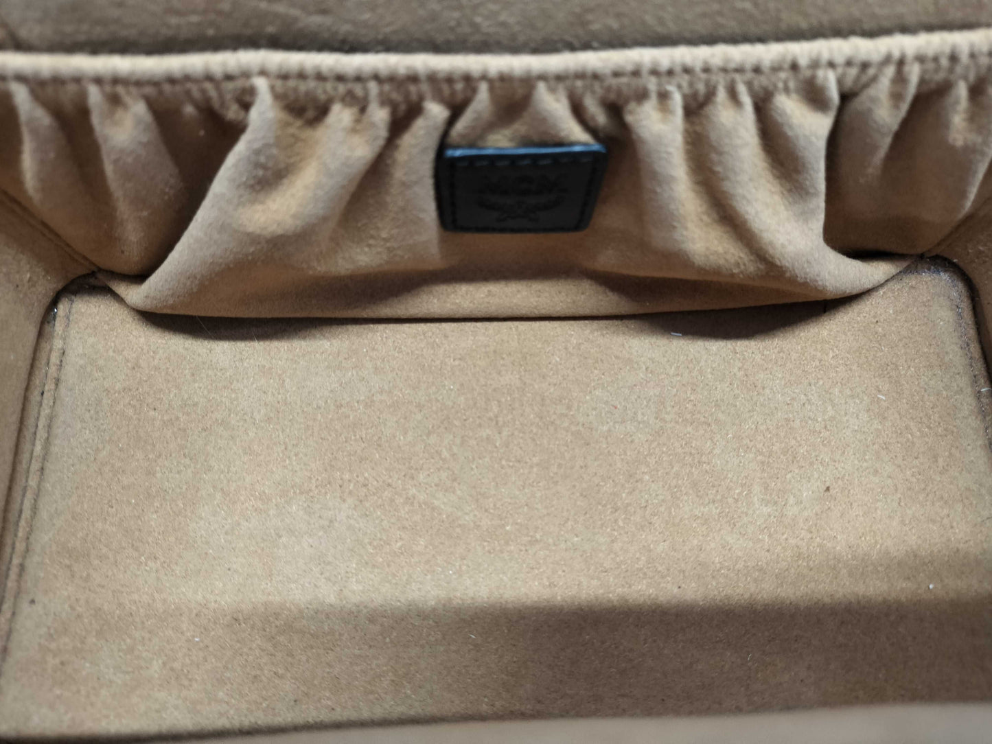 MCM Visetos Vanity Case, 2-Way Handbag, Black with Gold Hardware, PVC Leather, and Leather.