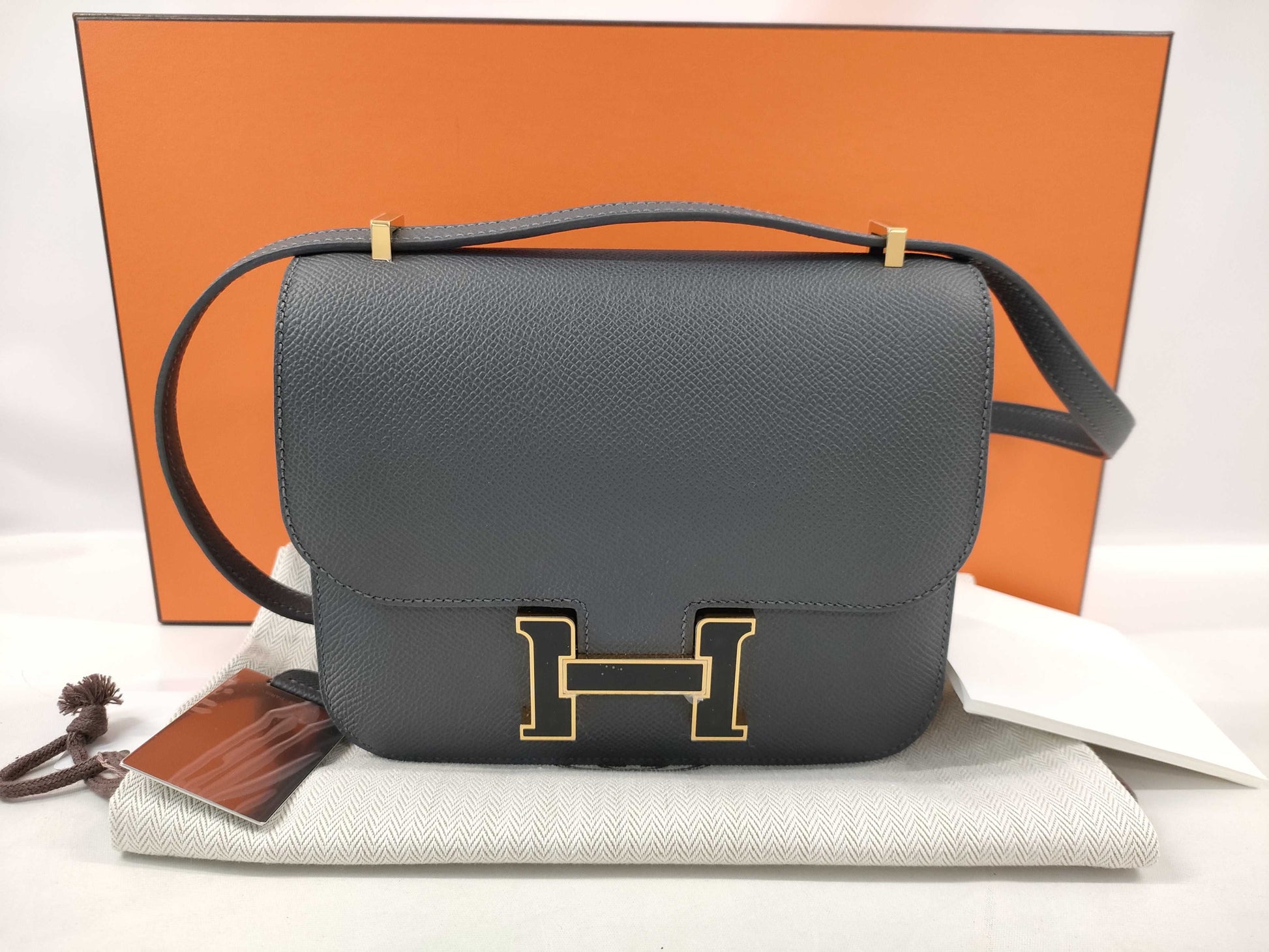 HERMES Constance Mini Epsom Ardoise Lacquer Shoulder Bag with Black Hardware and K Stamp