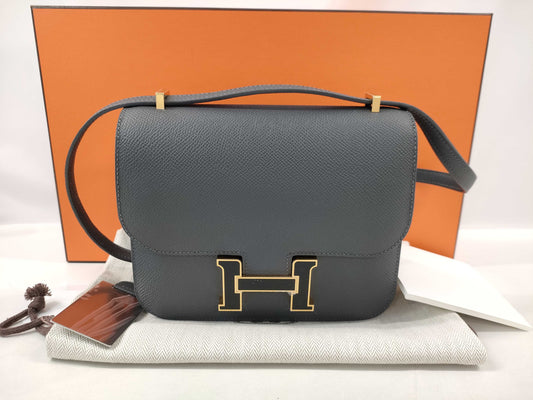 HERMES Constance Mini Epsom Ardoise Lacquer Shoulder Bag with Black Hardware and K Stamp
