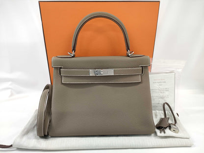 HERMES Kelly 28 Togo Etoupe Handbag with Silver Hardware and U Stamp