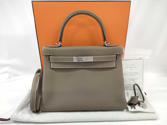 HERMES Kelly 28 Togo Etoupe Handbag with Silver Hardware and U Stamp