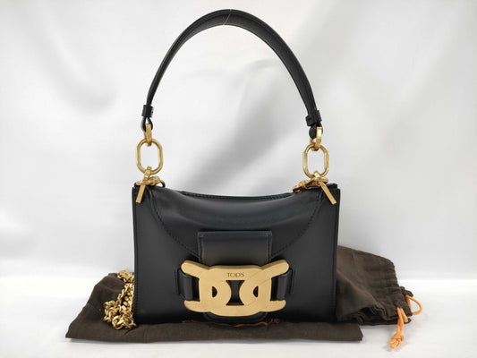 TODS Kate Black Leather Shoulder Bag with Gold Hardware